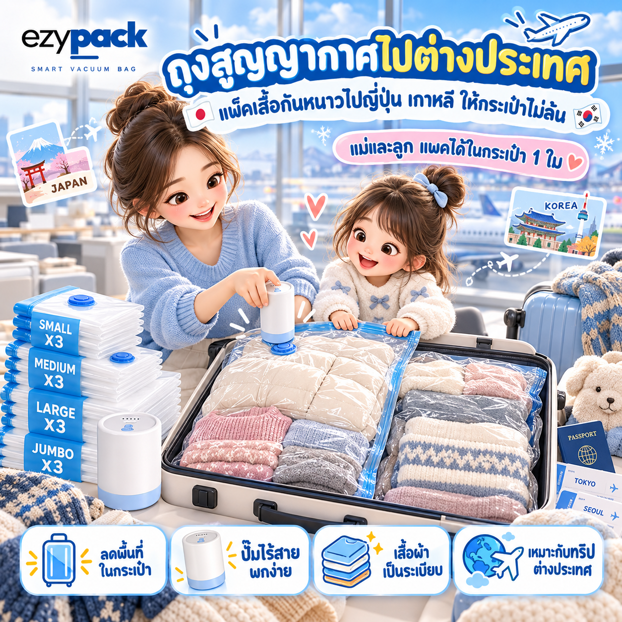 ถุงสูญญากาศไปต่างประเทศอัดเสื้อกันหนาวและเสื้อไหมพรมก่อนเดินทาง