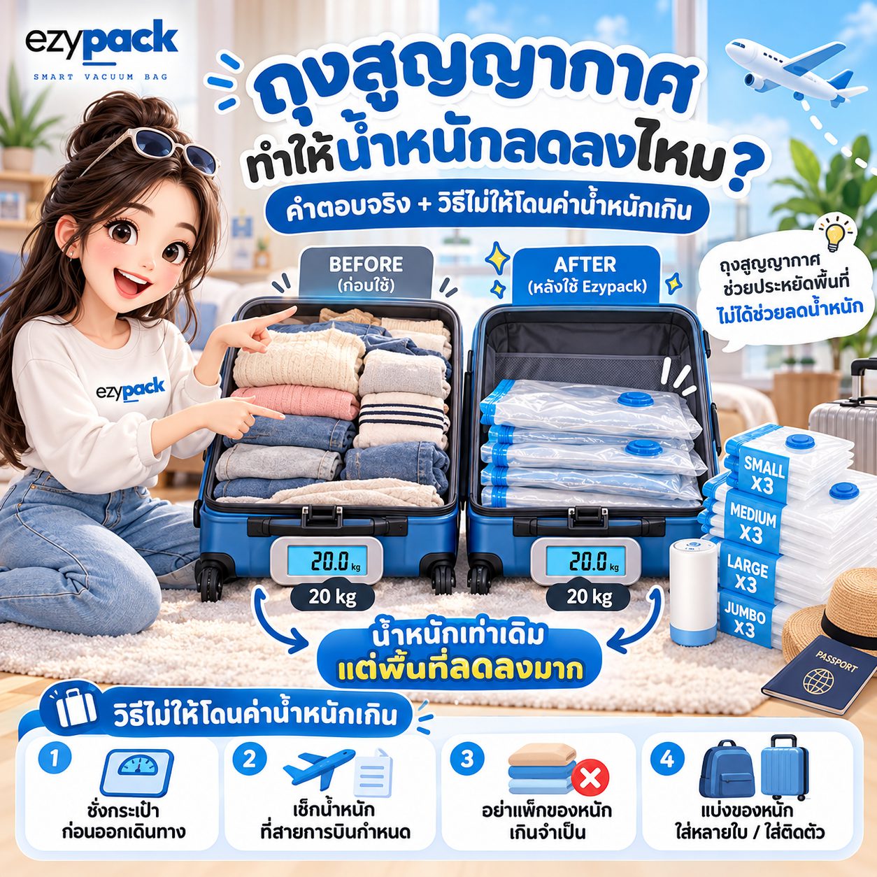 ชั่งน้ำหนักกระเป๋าเดินทางที่แพ็คด้วยถุงสูญญากาศก่อนไปสนามบิน