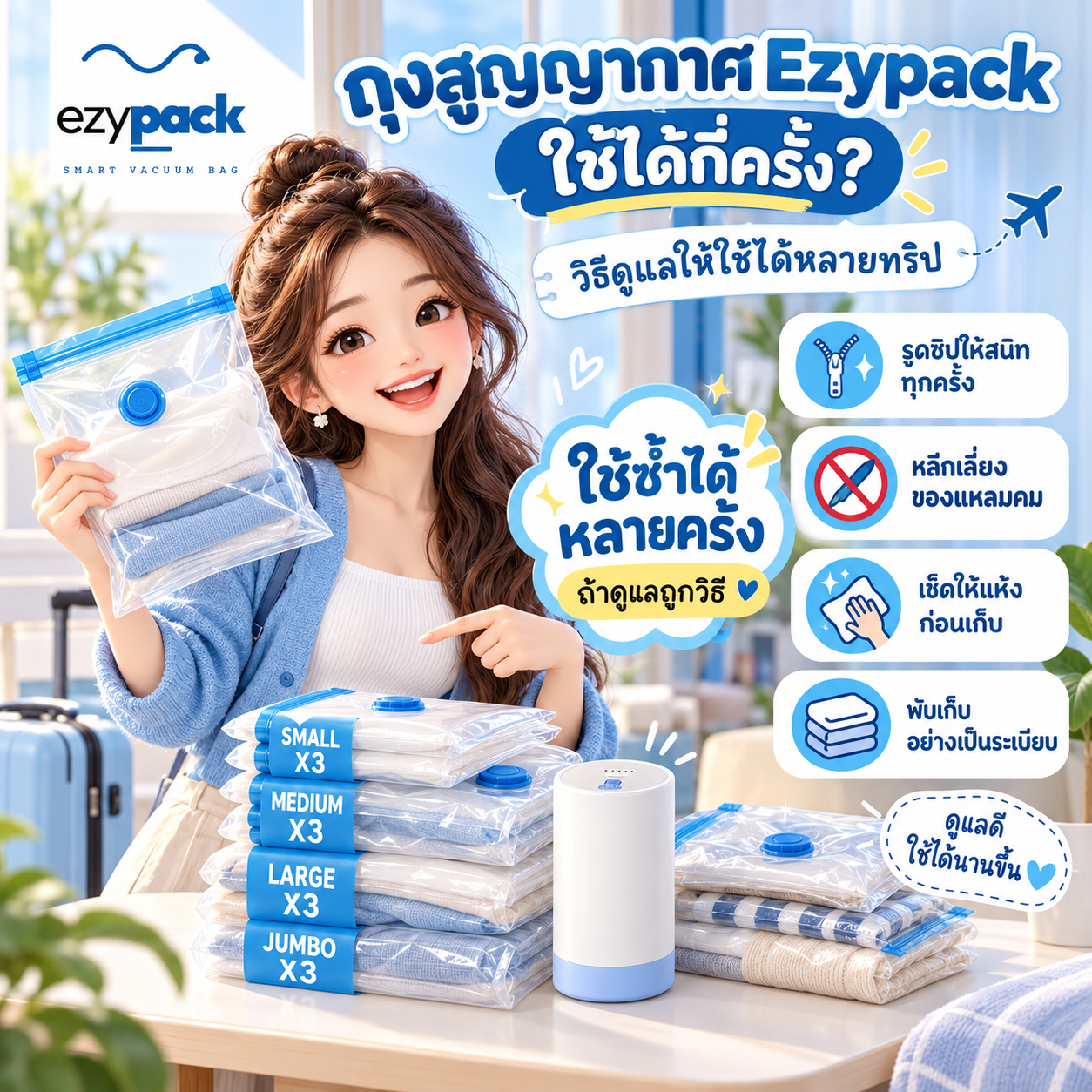 ถุงสูญญากาศเปล่าที่ทำความสะอาดแล้วพับเก็บไว้ใช้ทริปต่อไป