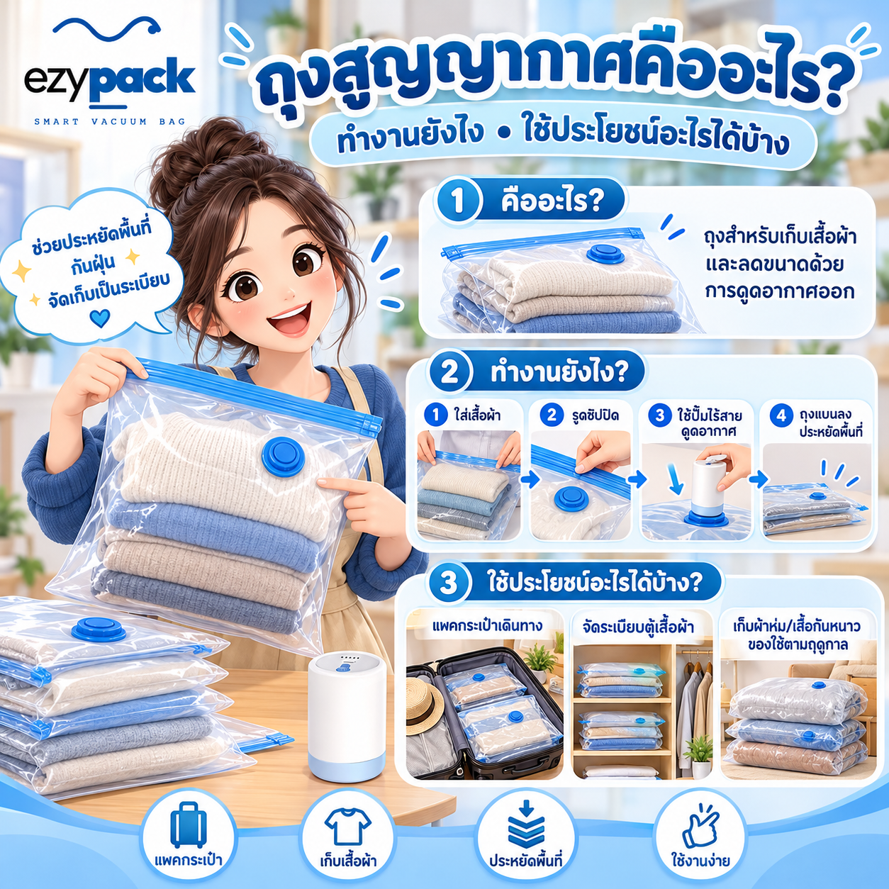 ถุงสูญญากาศคือถุงที่ดูดอากาศออกให้เสื้อผ้าแบนลงเทียบก่อนและหลังอัด