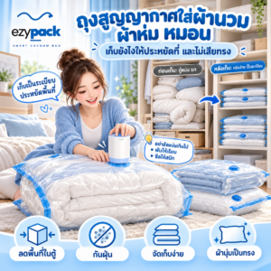 ถุงสูญญากาศใส่ผ้านวมและหมอนอัดแบนวางซ้อนในตู้เสื้อผ้า