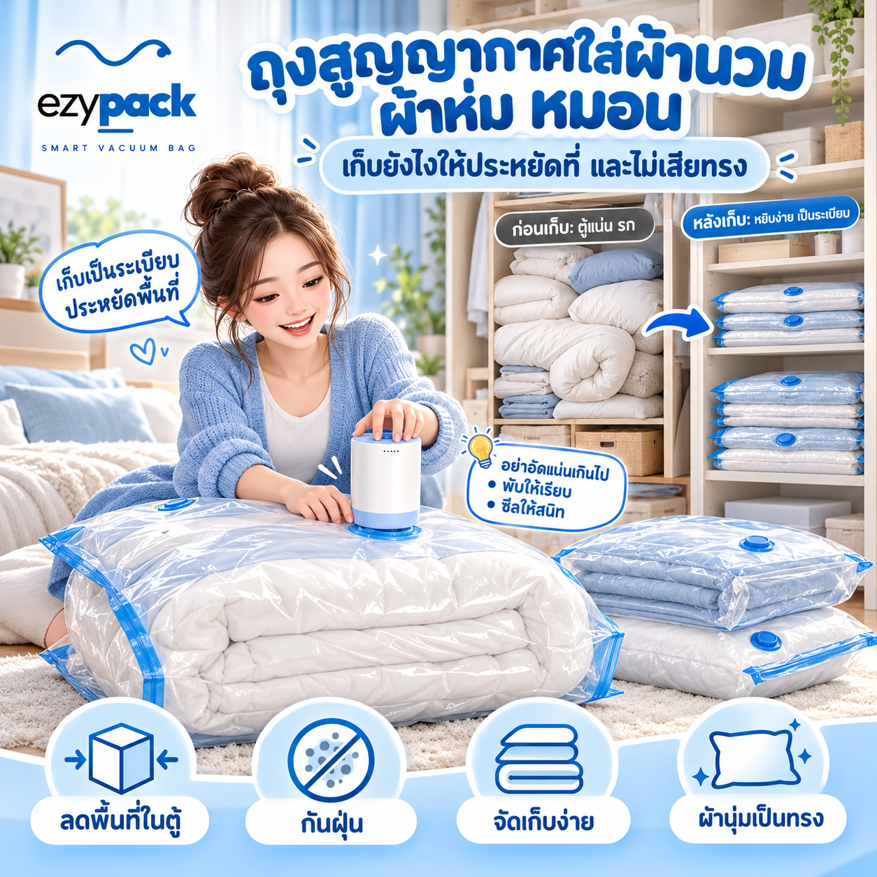 ถุงสูญญากาศใส่ผ้านวมและหมอนอัดแบนวางซ้อนในตู้เสื้อผ้า