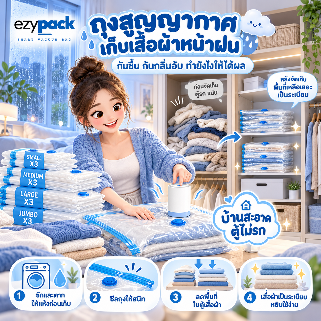 ถุงสูญญากาศเก็บเสื้อผ้าที่แห้งสนิทช่วงหน้าฝนวางในตู้ไม้