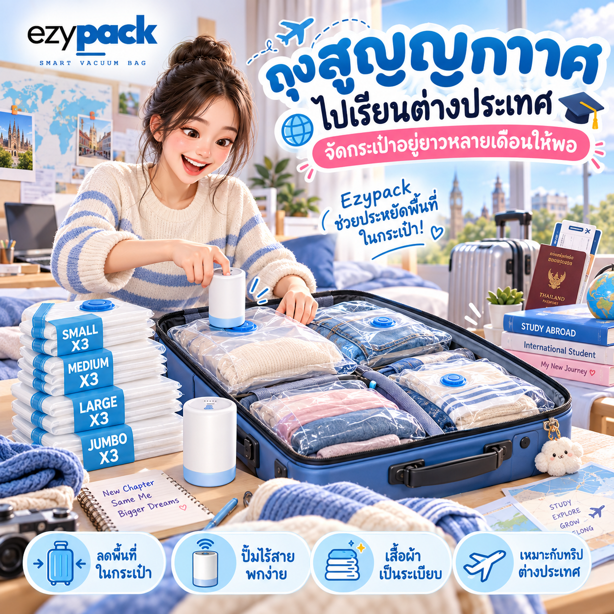 นักเรียนจัดกระเป๋าไปเรียนต่างประเทศด้วยถุงสูญญากาศหลายไซส์