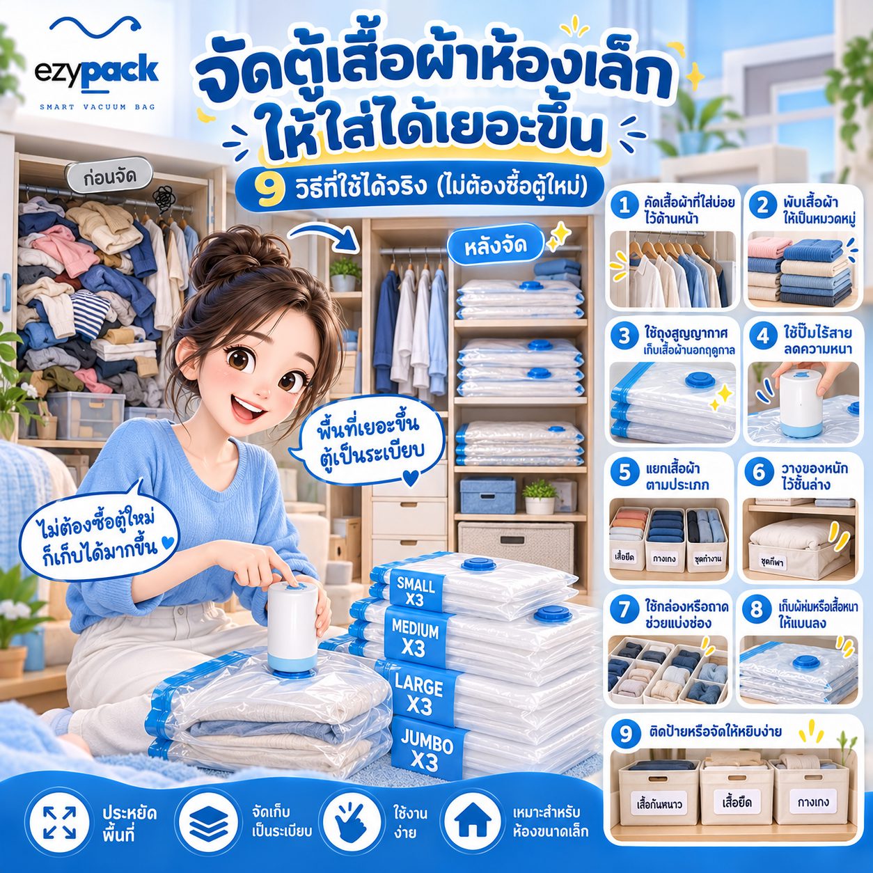 ตู้เสื้อผ้าห้องเล็กจัดเป็นระเบียบ เสื้อพับแนวตั้งและถุงสูญญากาศเก็บเสื้อผ้านอกฤดู